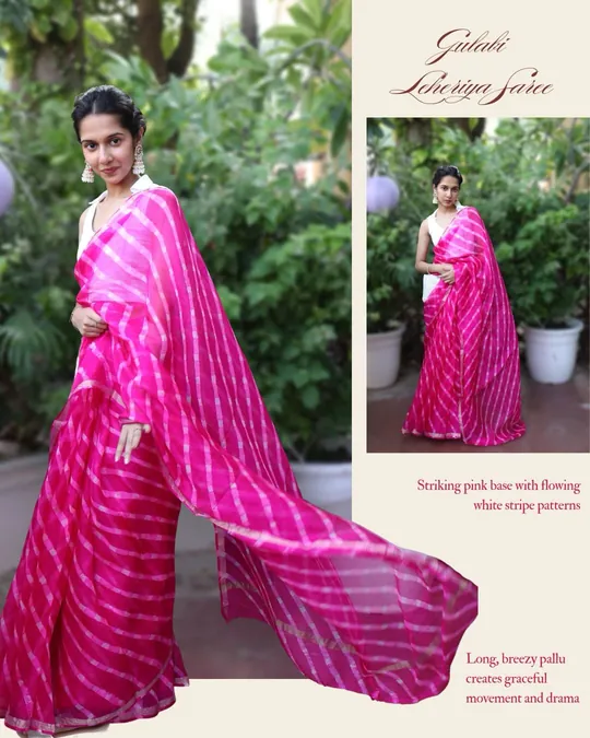 Gulabi Leheriya Saree: bright pink saree with white leheriya stripes