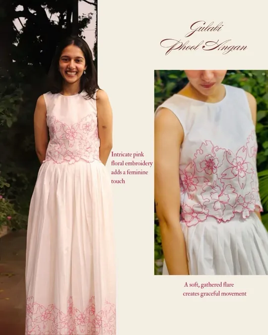Gulabi Phool Angan: white sleeveless top with pink floral embroidery and a gathered white skirt