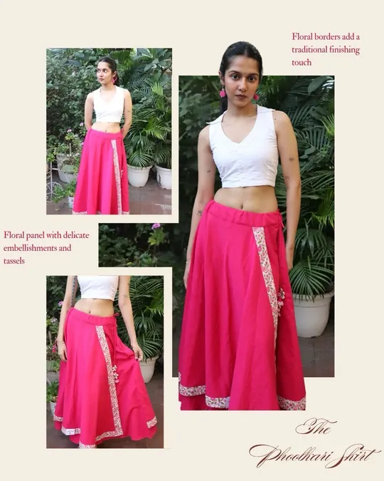 The Phoolkari Skirt: pink skirt with a floral side panel and tassels